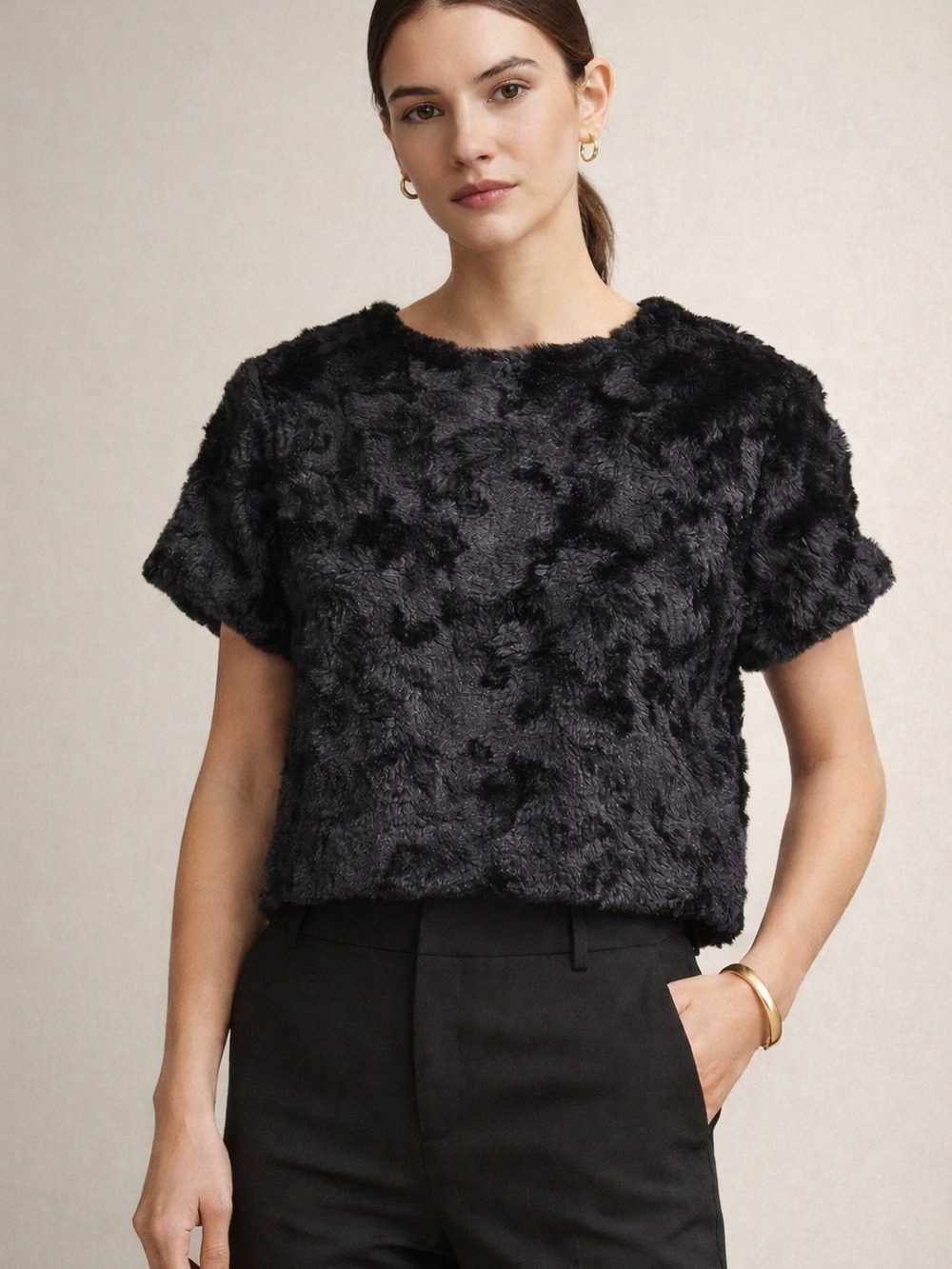 Anthropologie Maeve Black Faux Fur Textured Top XS NWT Luxe Minimalist